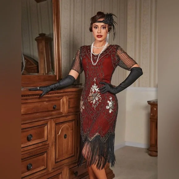 princess polly baby blue dress Great Gatsby Dress 1920 Red Dress Burgundy Great Gatsby Dress 1920s Red  Natalia Long Gatsby Dress main image 0